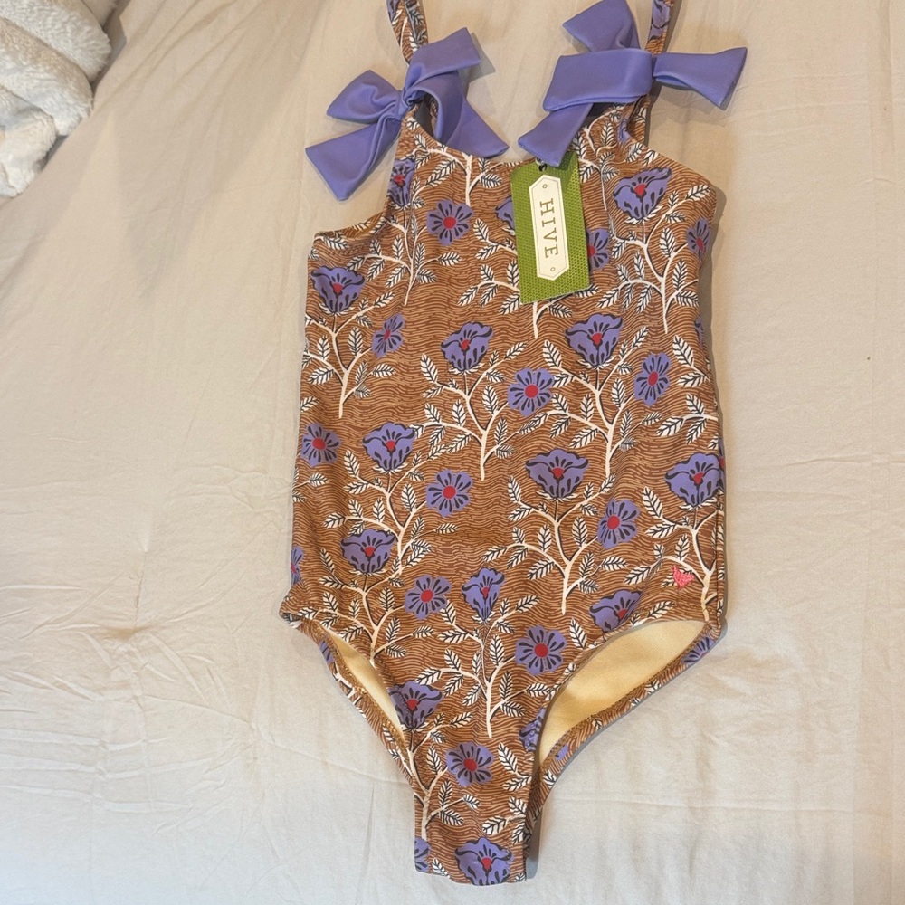 Kids Swim One Piece - Brown and Purple Floral